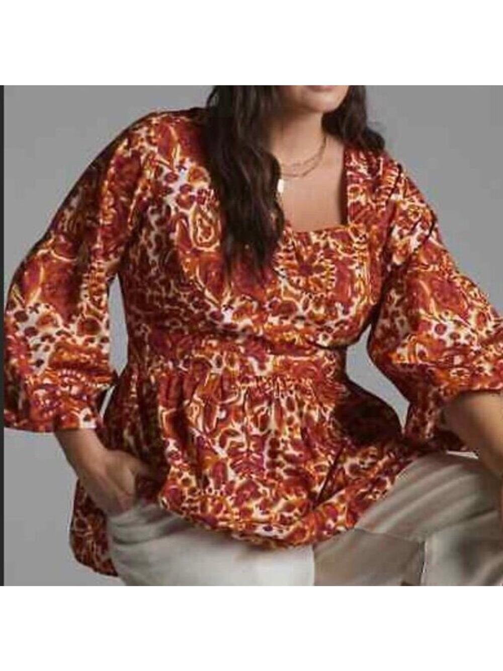 LOVE THE LABEL Anthropologie 1x Orange Red Purple Peasant Top Tie Open Back NWT